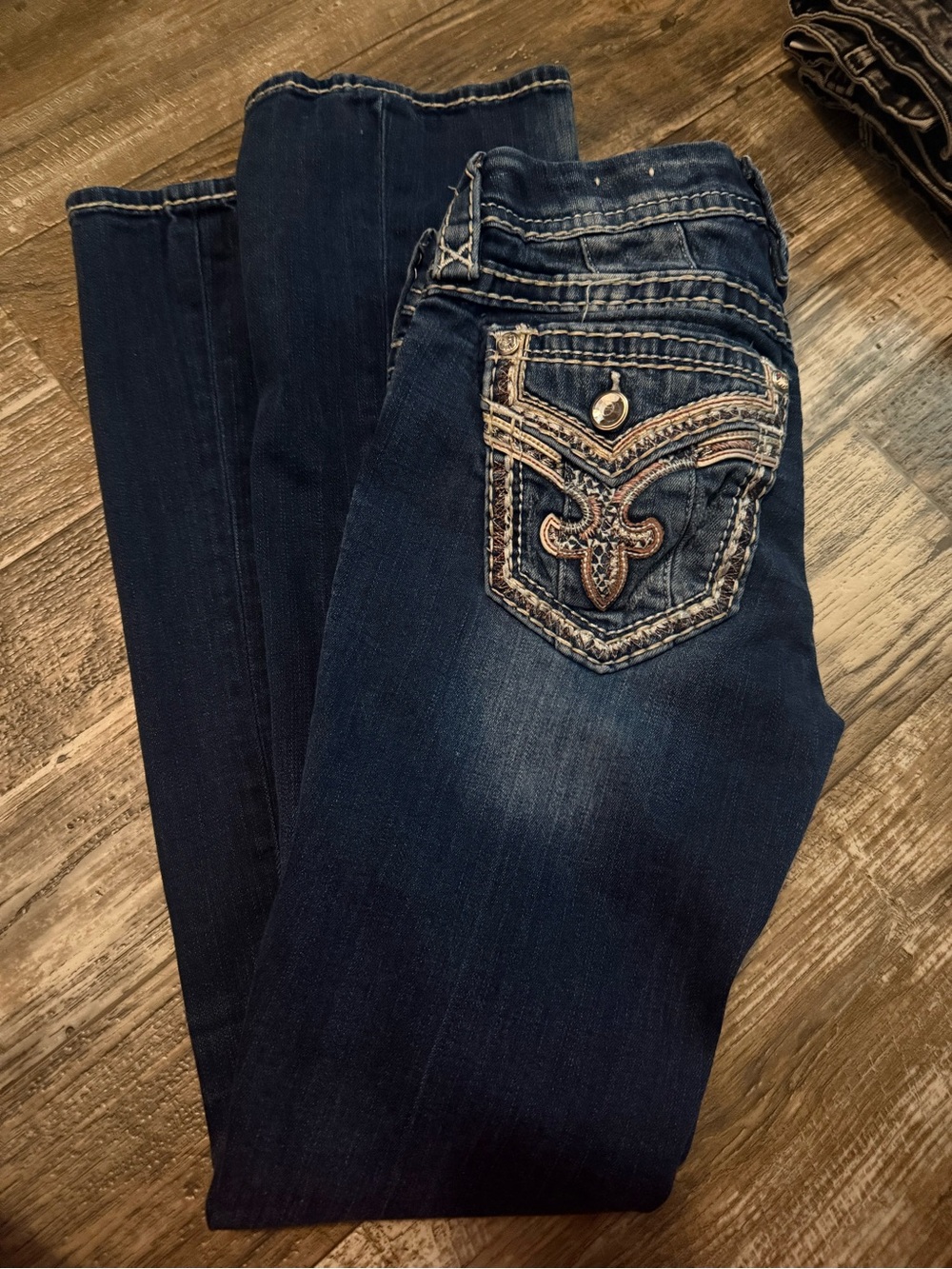 Rock Revival Dark Blue Boot Cut Jeans with Embroidered Pocket